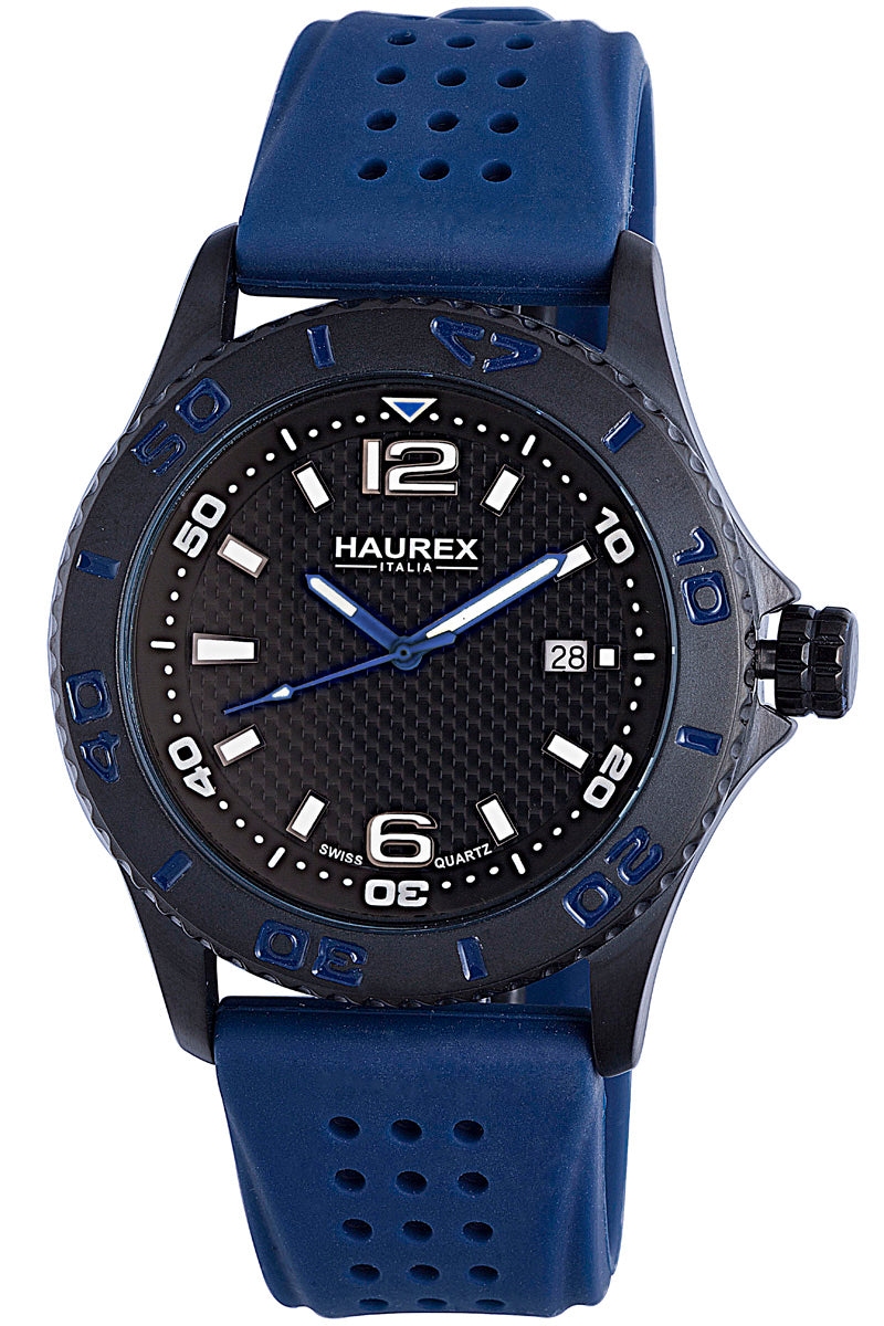 Haurex Italy Factor Men's Black Dial Blue Strap Watch