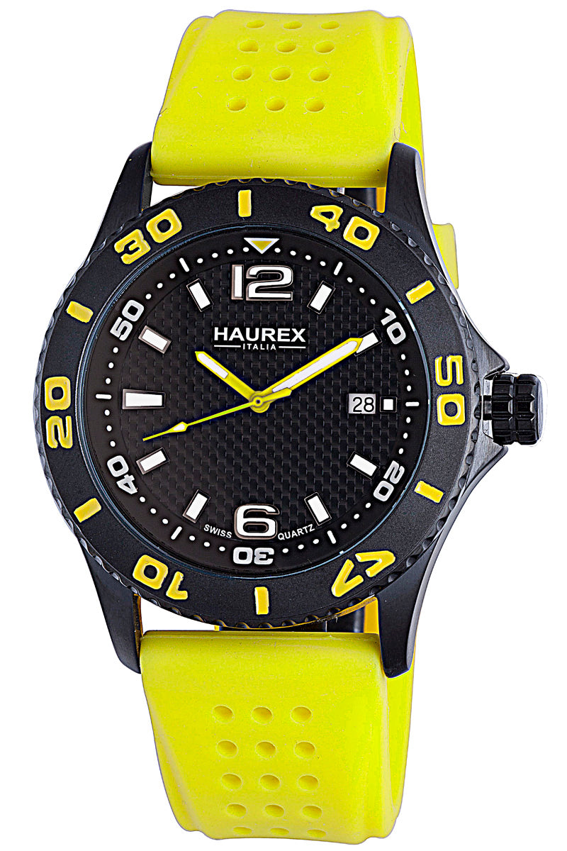 Haurex Italy Factor Men's Black Dial Yellow Strap Watch