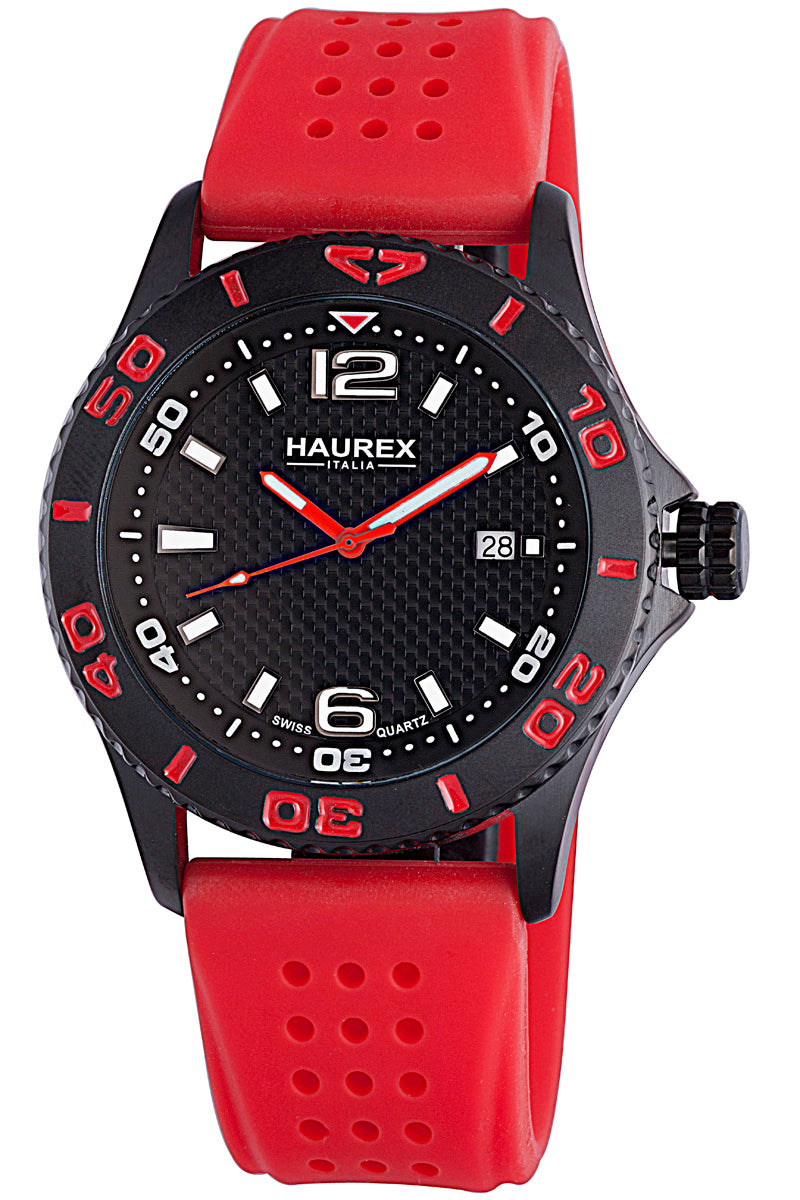 Haurex Italy Factor Men's Black Dial Red Strap Watch