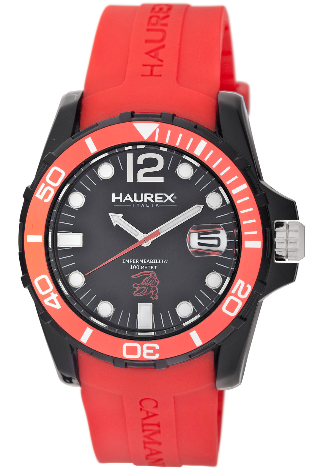 Haurex Italy Caimano Mens Black Dial Red Strap Watch